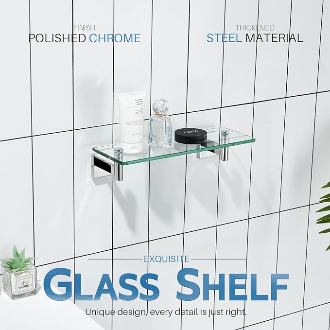 KOKOSIRI Bathroom Shelves Wall Mounted Floating Glass Shelf Polished Stainless Steel 12-Inch Hanging Rack for Storage/Room Decor 2 Pack B1105CH-L12-P2