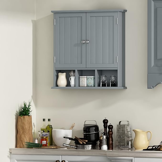 ChooChoo Bathroom Cabinet Wall Mounted 2-Door with 3 Open Shelves, Wooden Medicine Cabinets with Adjustable Shelf, Space Saver Storage Cabinets Over The Toilet for Bathroom&Living Room, Grey