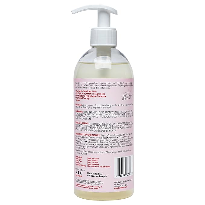 Dr. Natural 3-in-1 Tear-Free Baby Plus Kids Soap - Head-to-Toe Baby Soap and Shampoo - Sensitive Skin Moisturizing Body Wash - Rosewater - 16 oz.