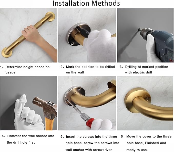 Shower Grab Bar, 2 Pack 24 Inch Gold Bathroom Grab Bar, 1.25" Diameter 304 Stainless Steel Anti-Slip Grab Bars for Bathtubs and Showers, Handicap Shower Grab Bar for Seniors Elderly