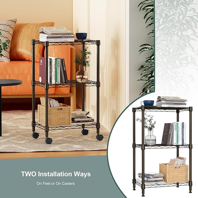3 Tier Shelf Metal Storage Shelves Wire Rack Closet Organizers with Wheel for Garage Kitchen Bathroom Laundry Brown 11.8" D x 17.7" W x 29.8" H