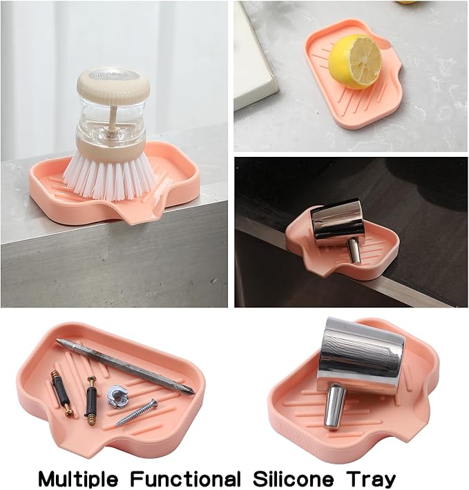 Silicone Bathroom Soap Dishes with Drain Spout-Bathroom and Kitchen Sink Organizer,Sponge Holder,Dish Soap Tray,Perfect for Dispenser,Scrubber,Bottle,Cup on Sink or Counter-Pink 4.9"×3.2"