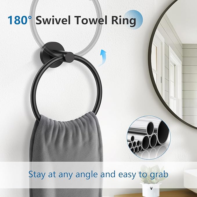 TNOMS 5 Pieces Towel Bar Set Matte Black Bathroom Hardware Set Upgraded Toilet Paper Holder with Shelf Towel Rail Set for Bathroom Stainless Steel Wall Mounted 23.6 Inch