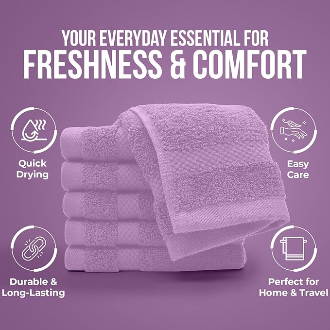 DAN RIVER 12-Pack Premium 100% Cotton Lavendar Face Towels – Reusable Face Towel Set, Soft & Absorbent Wash Rags for Bathroom & Body – Hand and Face Towels, 550 GSM (12x12 in)