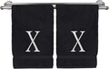 Monogrammed Hand Towel, Personalized Initial Gift, Extra Absorbent 100% Turkish Cotton - Soft Terry Finish - Set of 2 - White Block Initial X - Embroidered on Black Towels