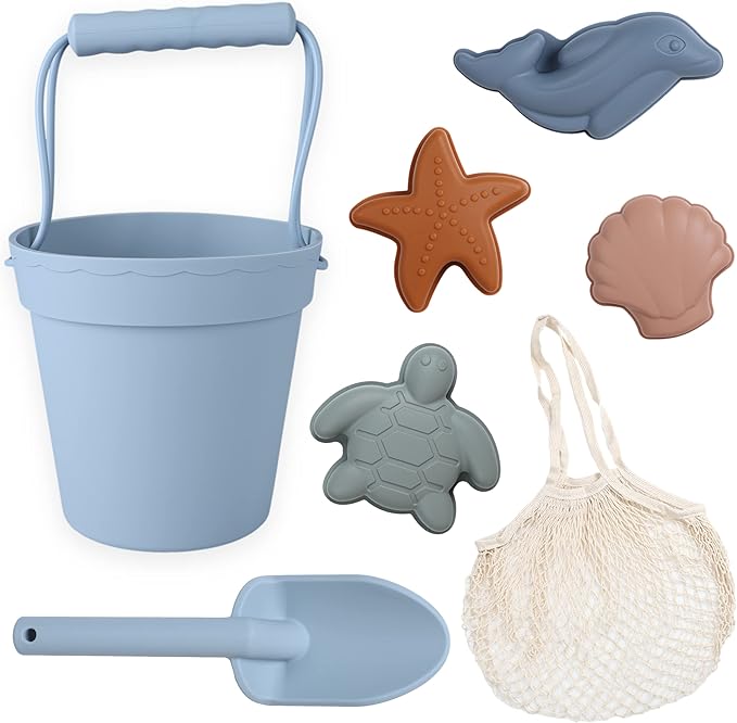 BLUE GINKGO Modern Baby Sand Toys | Travel Friendly | Silicone Bucket, Shovel, 4 Molds, Beach Bag for Toddlers, Kids - Blue