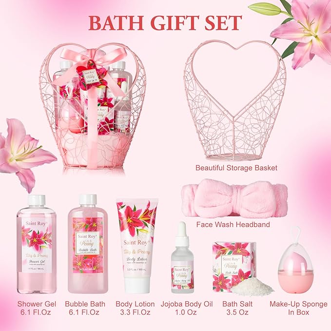 Gift Basket Christmas Gifts for Women Spa Set Lily & Peony Home Spa Set, Beauty Personal Care Set Jojoba Oil, Spa Self Care Kit, Bath Body For Thank You, Birthday Gifts
