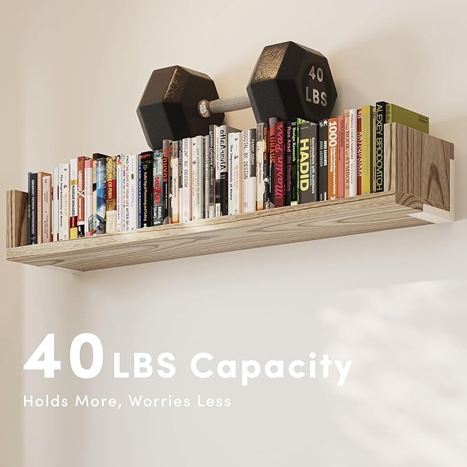 Wall Bookshelf, Set of 3, 36 Inches U Shaped Wall Shelves, Long Deep Floating Shelves, Large Floating Book Shelves - Wood Hanging Bookshelves for Kitchen, Bedroom (Light Brown, 35.4 Inches)