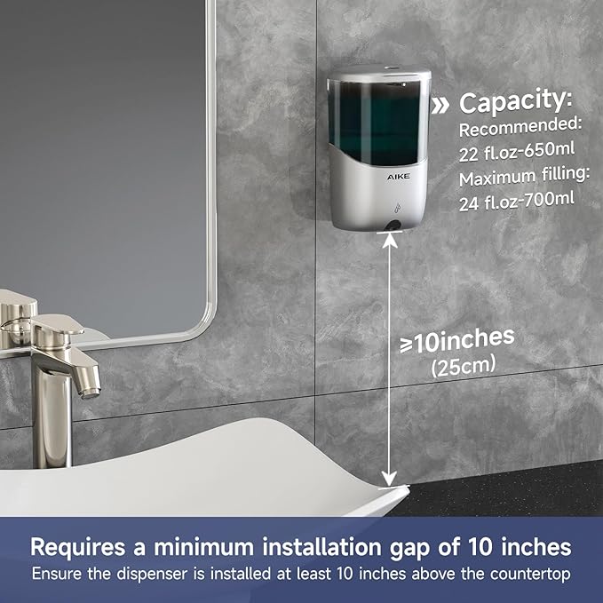 AIKE Wall Mount Automatic Soap Dispenser for Liquid Soap Battery Operated Silver, Model AK1216