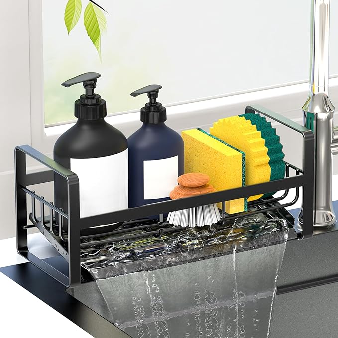 Sponge Holder for Kitchen Sink,Stainless Steel Kitchen Sink Organizer with Auto Draining Tray,Countertop Sink Caddy for Sponge Holder Soap Brush Dispenser,Black-Large