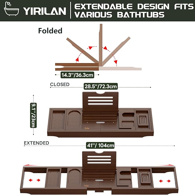 Yirilan Bathtub Trays for Tub,Bath Tray, Foldable Bathtub Caddy,Brown