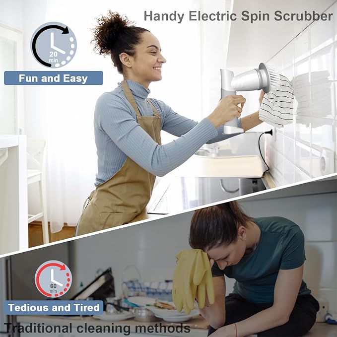 Electric Spin Scrubber, Bathroom Shower Electric Scrubber for Cleaning Tub/Tile/Floor/Sink/Window, Power Cleaning Brush Rechargeable Cordless with 4 Replaceable Cleaner Brush Heads
