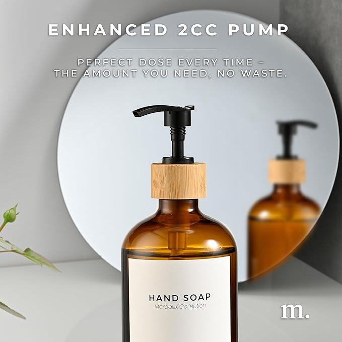 Maisonovo Glass Soap Dispenser Bathroom Set | Hand Soap and Dish Soap Dispenser Set | 16.9oz Amber Bottles with Black Bamboo Pump | Bathroom Lotion Dispenser with Pump Set of 2