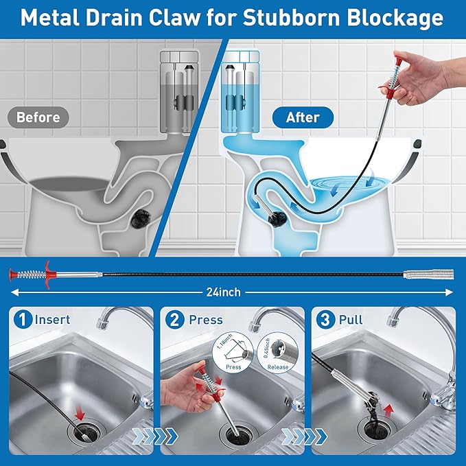 12 Pack Drain Clog Remover Kit, 59" Drain Snake(3pcs), 37" Steel Sink Snake(2pcs), 25" Snake Drain Hair Removal Tool(4pcs), 24" Drain Cleaner Tool(1pc), 18" Drain Brush(2pcs) for Sink, Toilet, Shower