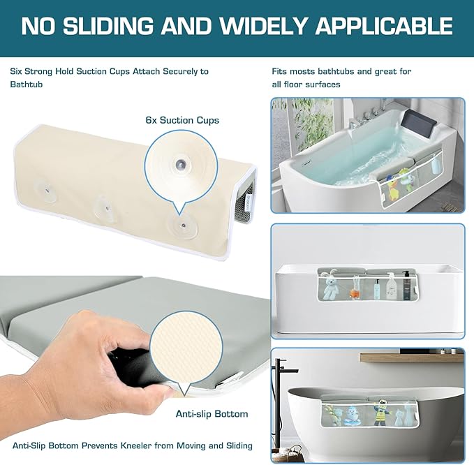 Bath Kneeler and Elbow Rest Pad, Thick Quick Dry Kneeling Pad, Elbow Support, Large Bathtub Kneeling Mat with Toy Organizer for Baby Bathing (Grey)