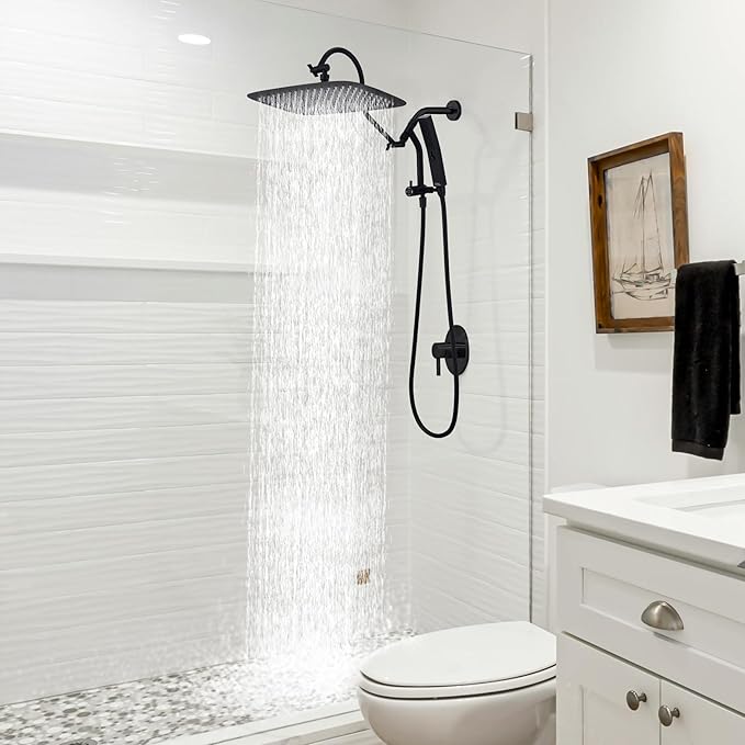 G-Promise All Metal 14 Inch Shower Head with Massage Mode Handheld, Rain Shower Head with Handheld Spray Combo, 3-Way Diverter with Pause Setting, 13 Inch Adjustable Extension Arm (Matte Black)