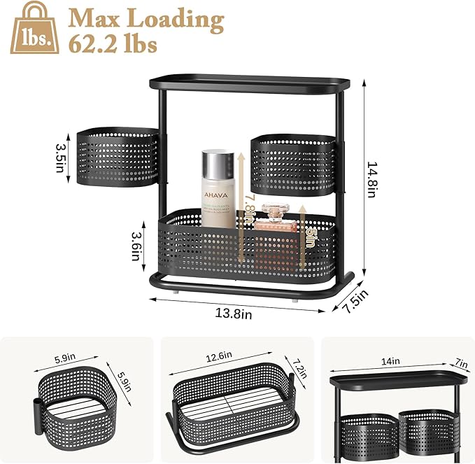 KINGRACK Bathroom Counter Organizer, 3 Tier Rotating Vanity Bedroom Storage cabinet, Cosmetic Holder Standing Shelf, Bathroom Tray for Countertop Storage, Kitchen Spice Rack, Black