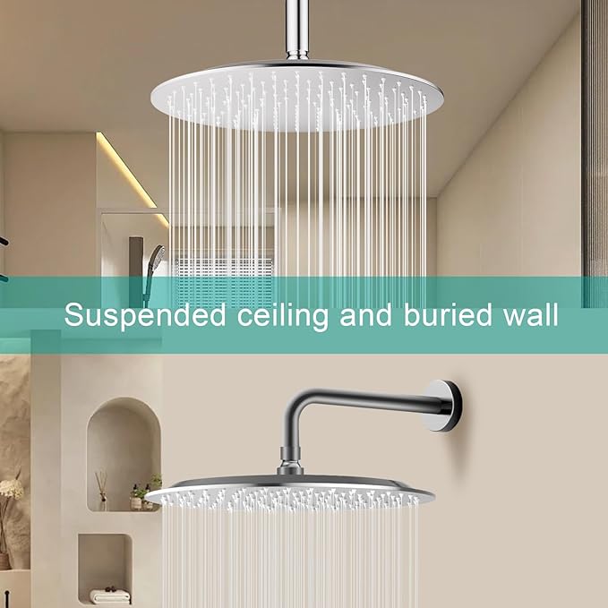 All Metal Rain Shower Head - Heavy Duty Stainless Steel, Easy Install, High Water Flow, Ultra-Thin Modern Design for Bathroom (Brushed Nickel, 12)
