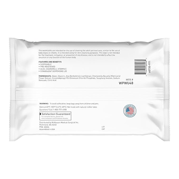 McKesson Washcloth Wipes for Adults, Unscented (6 Pack, 288 Washcloths) Disposable Wash Cloths for Body - Fragrance-Free No-Rinse Formula - Good for Incontinence and Elderly - 48 Wipes Per Pack
