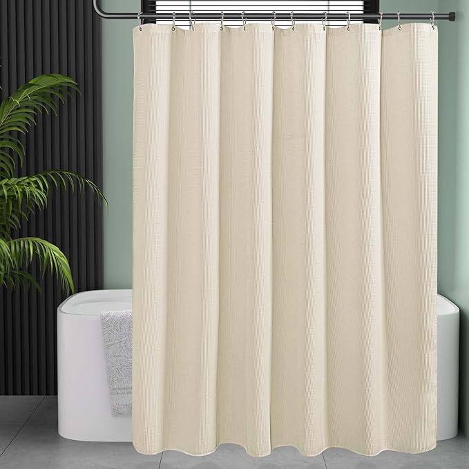 AmazerBath Waffle Shower Curtain, Heavy Duty Fabric Shower Curtain with Waffle Weave Hotel Quality Bathroom Curtains, 72 x 72 Inches (Cream Yellow)