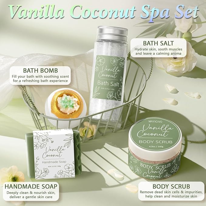 Spa Gifts for Women Bath Gift Set, Vanilla Coconut Relaxing Spa Gift Baskets Home Bath Set Self Care Kit Care Package Thank You Christmas Birthday Gifts for Women Mom Her Friends Sister Teen Girl Wife