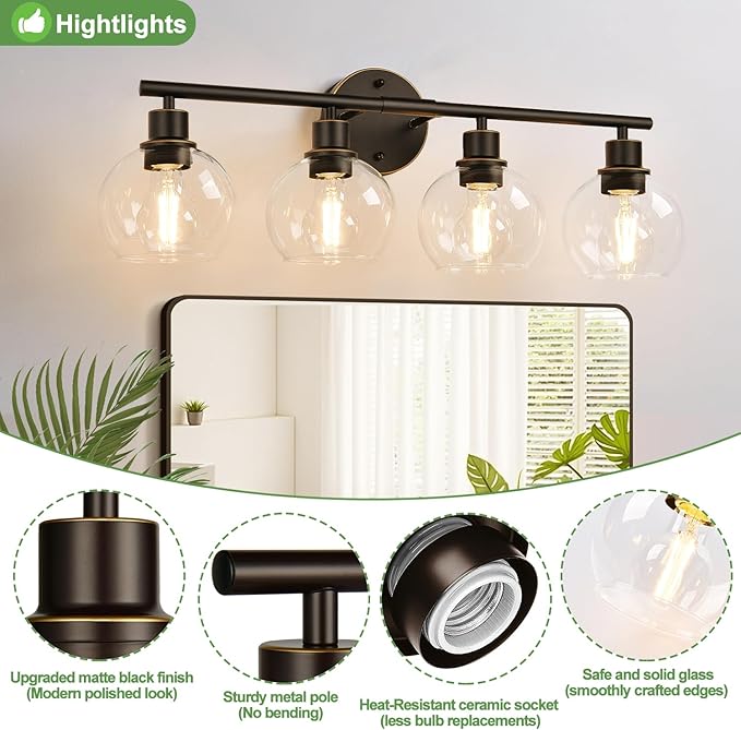 4-Light Bathroom Light Fixtures, Oil Rubbed Bronze Bathroom Lights Over Mirror with Clear Glass Globe Shade, Vanity Lights for Bathroom Kitchen Living Room Hallway Cabinet Bedroom Porch