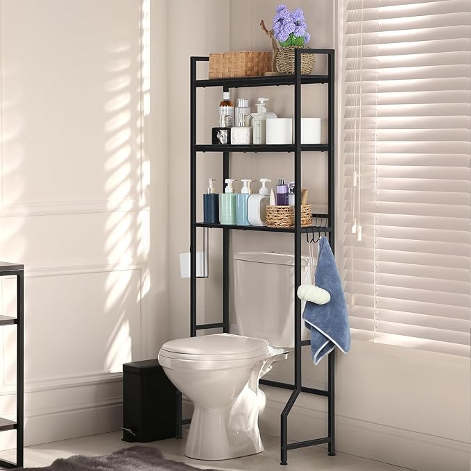 Over The Toilet Storage Over Toilet Rack Bathroom Organizer 3 Tier Toilet Shelf with 4 Hooks and Toilet Paper Holder Freestanding Bathroom Stand Over Toilet Save Space, Black