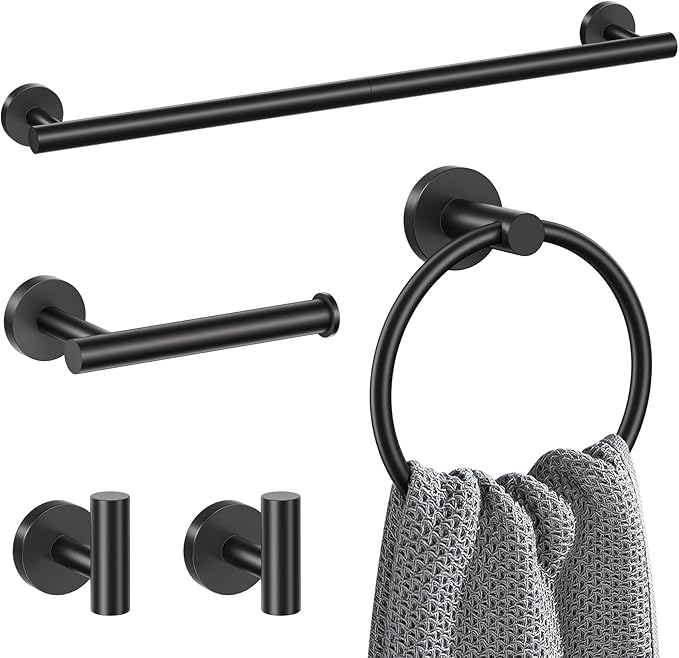 Lairuier 5 Pieces Matte Black Bathroom Accessories Set, 23.6 Inch Bath Towel Bar Set, SUS304 Stainless Steel Bathroom Hardware Set Round Toilet Paper Holder Set Wall Mounted