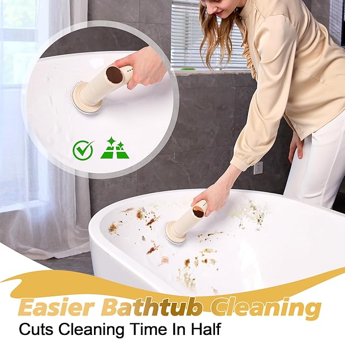 Electric Spin Scrubber, 2600mAh Battery with Extra-Long Runtime, 10 Brush Heads, IPX7 Waterproof Power Shower Scrubber with Long Handle, 2 Speeds Cordless Cleaning Brush for Bathroom Bathtub