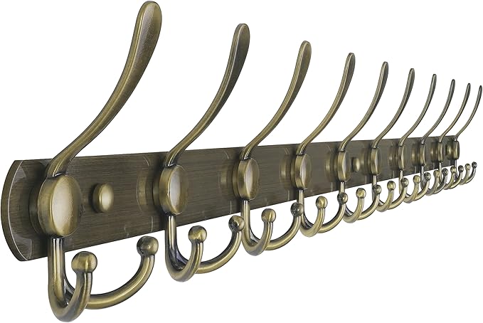 Dseap Coat Rack Wall Mount - 38” Long 10-Tri-Hooks Heavy Duty Coat Hanger Rail Wall Hooks for Hanging Coats Hats Clothing Clothes Purse Mudroom Entryway, Bronze