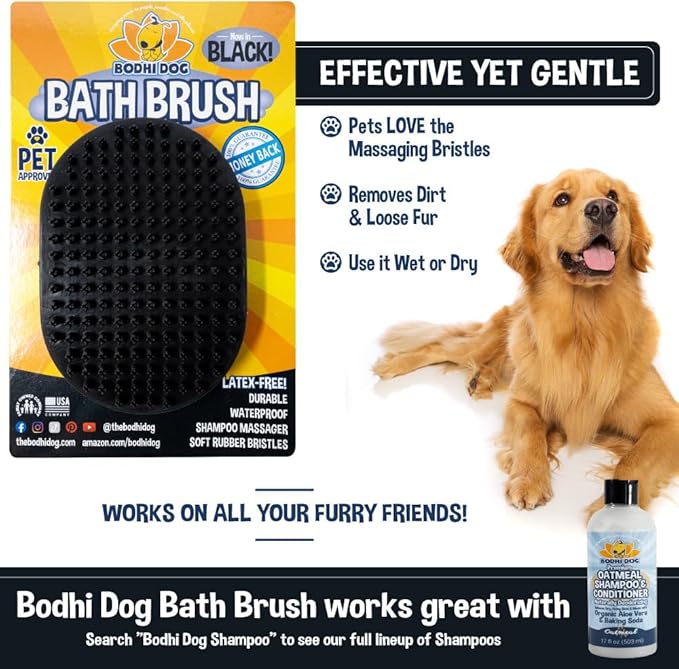 Bodhi Dog Shampoo Brush - Pet Grooming & Bath Supplies for Dogs and Cats - Bath Brush for Long & Short Hair - Premium Scrubber for Shower, Bathing & Massage (One Pack, Black)