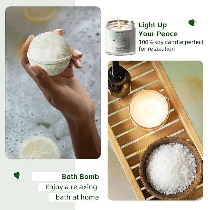 Natural Amor Green Spa Gift Set for Women, Peppermint Forest Bath Gift for her,5pc Bath & Body Gift Including Soap Bar, Candle, Bath Bomb