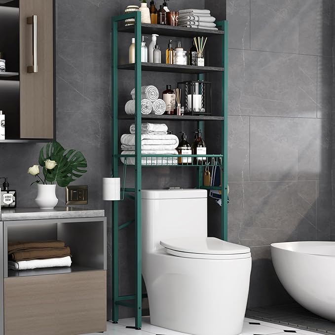 Over-The-Toilet Storage Rack, 4-Tier Bathroom Organizer Shelf Over Toilet with Adjustable Shelf and Basket, Freestanding Space Saver Bathroom Shelves Above Toilet for Room (Green- Black)