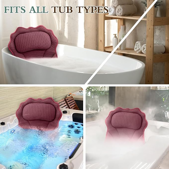 Bath Pillow RUVINCE Ergonomic Luxury Bathtub Pillow with Head,Neck, Shoulder and Back Support, 4D Bath Pillows for tub with 6 Powerful Suction Cups, Fits All Bathtub, Spa Tub, Hot Jacuzzi (Dark red)