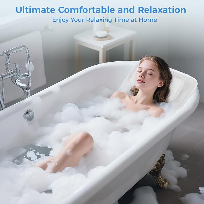 Full Body Bath Pillow for Tub, Soft Bathtub Pillow for Neck and Back Support, Washable 4D Mesh Bathtub Cushion with 11 Non-Slip Suction Cups, White