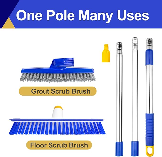ITTAHO 12" Wide Floor Scrub and Grout Brush Set With Long Extendable Handle - Stiff Bristle Heavy Duty Cleaner for Tile, Deck, Garage, Kitchen, Bathroom