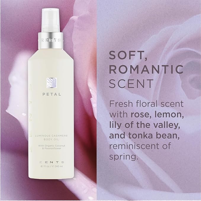 Zents Luminous Cashmere Body Oil (Petal Fragrance) | Moisturizing Body Oil with Vitamin E & Organic Coconut Oil | Softens & Smooths Skin | 8 fl oz