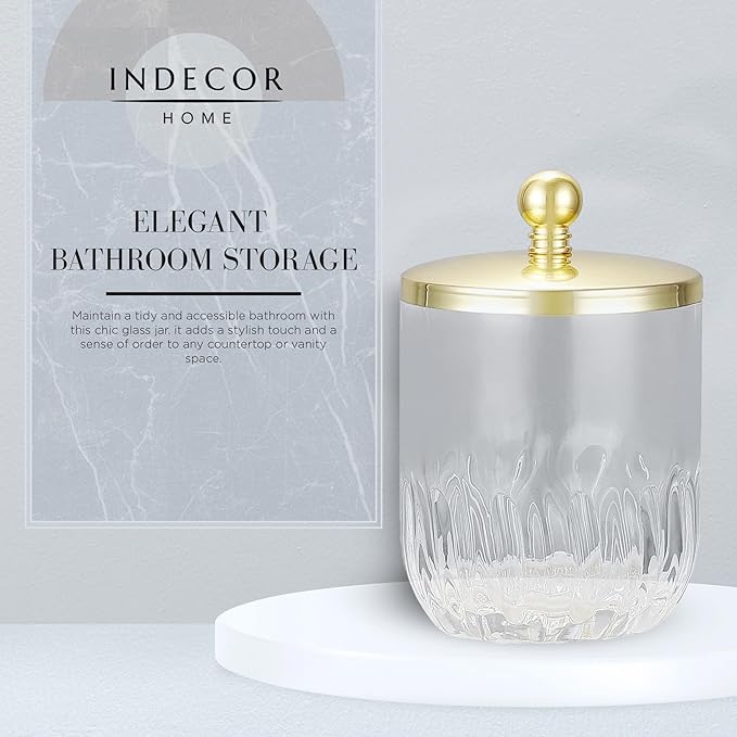Clear Transparent Apothecary Vertical Wavy Glass Jar With Gold Metal Lid Cover for Bathroom Organization, Cotton Balls, Q Tips, and Small Accessories, Bathroom Storage