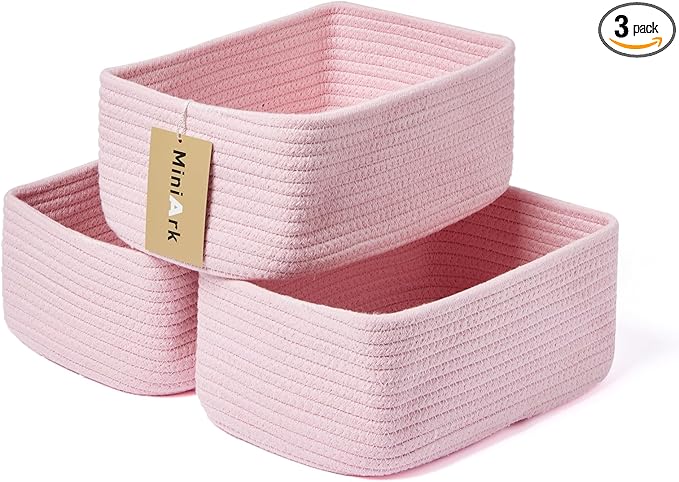 Small Storage Baskets for Organizing | Closet Organizer Bins | Shelf Toy Basket | Woven Rope Baskets | Cube Decorative Box | Shallow Basket | 11.5x7.5x4.7” | 3 Packs Pink