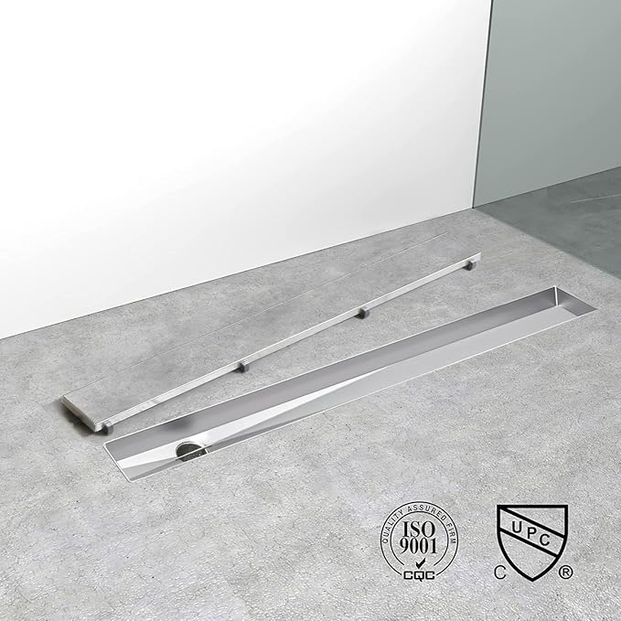 Offset Linear Shower Drain, Shower Drain 36 inch with 2-in-1 Tile Insert Cover, Brushed AISI 304 Stainless Steel Side Outlet Shower Floor Drain with Hair Catcher and Adjustable Feet