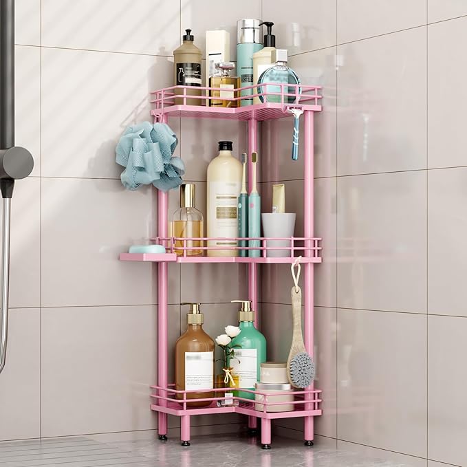 HapiRm Corner Shower Caddy Standing - 3 Tier Shower Organizer Corner with Soap Holder, Rustproof Bathroom Standing Organizer with 4 Hooks, Pink