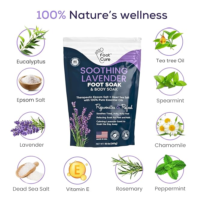 FOOT CURE Soothing Lavender Foot Spa with Epsom Salt Bath Soak – Pedicure Foot Soak Tub & Feet Massager Spa – Relaxing Scrubber & Dead Skin Remover – Ionic Foot Bath Detox for Feet Care (Pack of 1)