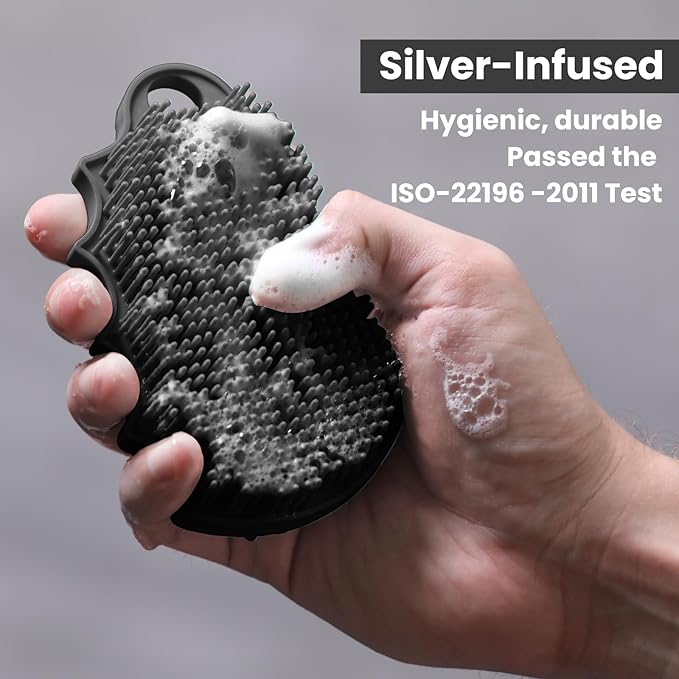 Silicone Body Scrubber Silver-Infused Dual-Sided 3-in-1 for Shower, Body Cleaning+Massage+Exfoliator Body Brush Buffer for Men and Women, Silicone Loofah, Non-Slip Handle (Gray)