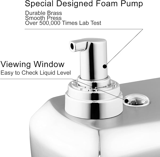 Commercial Wall Mount Stainless Steel Foam Soap Dispenser, 40 oz (1200ml) Industrial Refillable Foaming Hand Sanitizer Dispensers for Bathroom and Kitchen Brushed