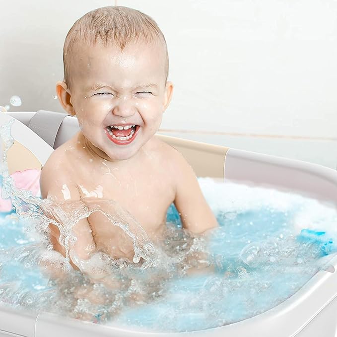 TPN Collapsible Baby Bathtub, Baby Bath Tub with Soft Cushion & Real-Time Thermometer, Baby Bathtub Infant to Toddler Tub (0-36 Months), Portable Travel Baby Tubs for Newborns (Beige)