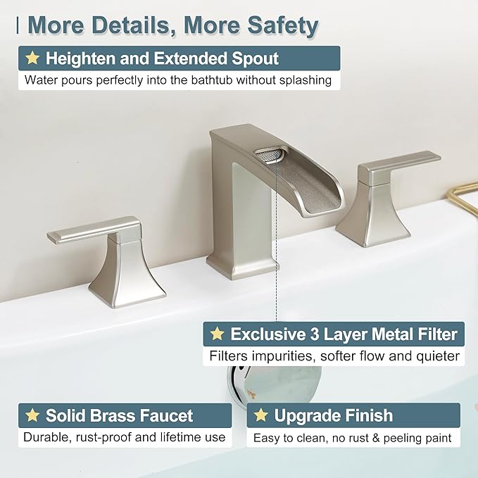 Waterfall Tub Faucet Brushed Nickel Bathtub Faucet 3 Hole, Brass High Pressure Bath Tub Faucet Set Deck Mount Roman Tub Faucets, Modern Tub Filler Bath Faucet for Tub with 2 Handles No Leaks