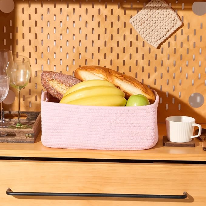 Small Storage Baskets for Organizing | Closet Organizer Bins | Shelf Toy Basket | Woven Rope Baskets | Cube Decorative Box | Shallow Basket | 13x8.5x5.1” | 3 Packs Pink