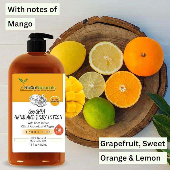 RaGaNaturals Natural Mango Body Lotion for Dry Skin - Tropical Bliss Moisturizer with Shea Butter, Vitamin E, B5, Argan & Avocado Oil - Refreshing Fruity Scent, Plant Based, Non-Greasy, Vegan - 16 Oz