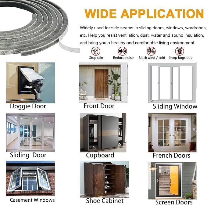 Brush Weather Stripping for Sliding Windows/Doors Frame Side,Window Sealer for Winter Pile Self Adhesive Seal Strip Sealer Draft Stoppers (33ft 0.35''Wide x 0.6''Thick, Gray)