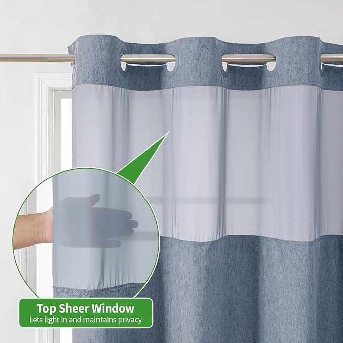 Stall No Hooks Needed Linen Textured Shower Curtain with Snap-in Fabric Liner Set,Hotel Luxury Decor Farmhouse Shower Curtains for Bathroom,Waterproof & Washable,54Wx80H,Blue Grey